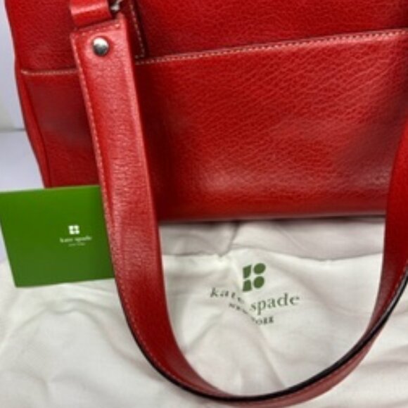 Kate Spade New York "Tomato" Red Pebbled Leather Satchel – Striped Lining - Picture 9 of 11